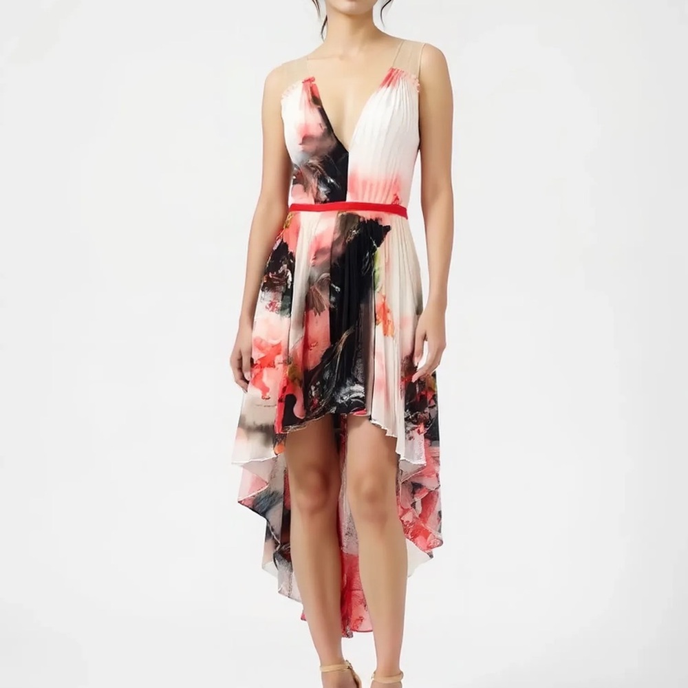 BEBE Floral Red White High Low Pleated Midi Dress Size 4
